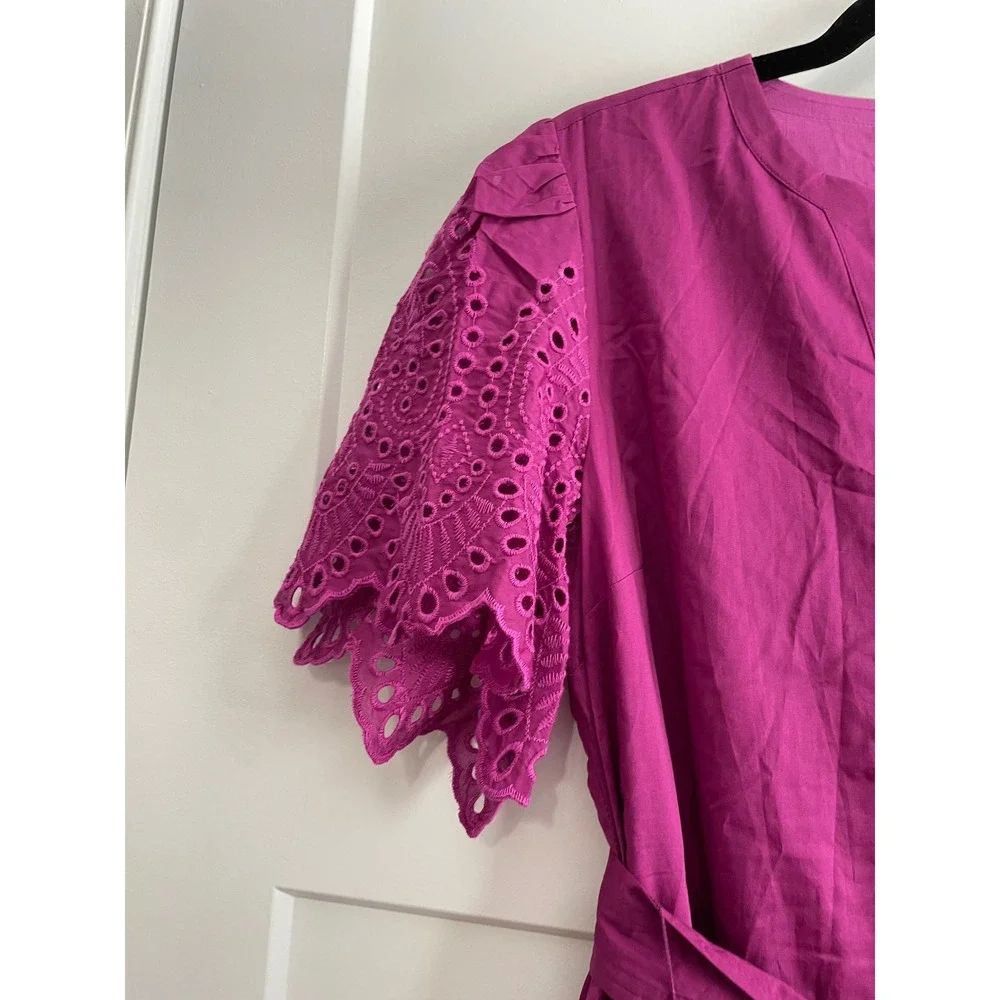 Soft Surroundings Magenta Cotton Eyelet Midi Dress Purple Tie Waist PM 3GD86 - Picture 6 of 10